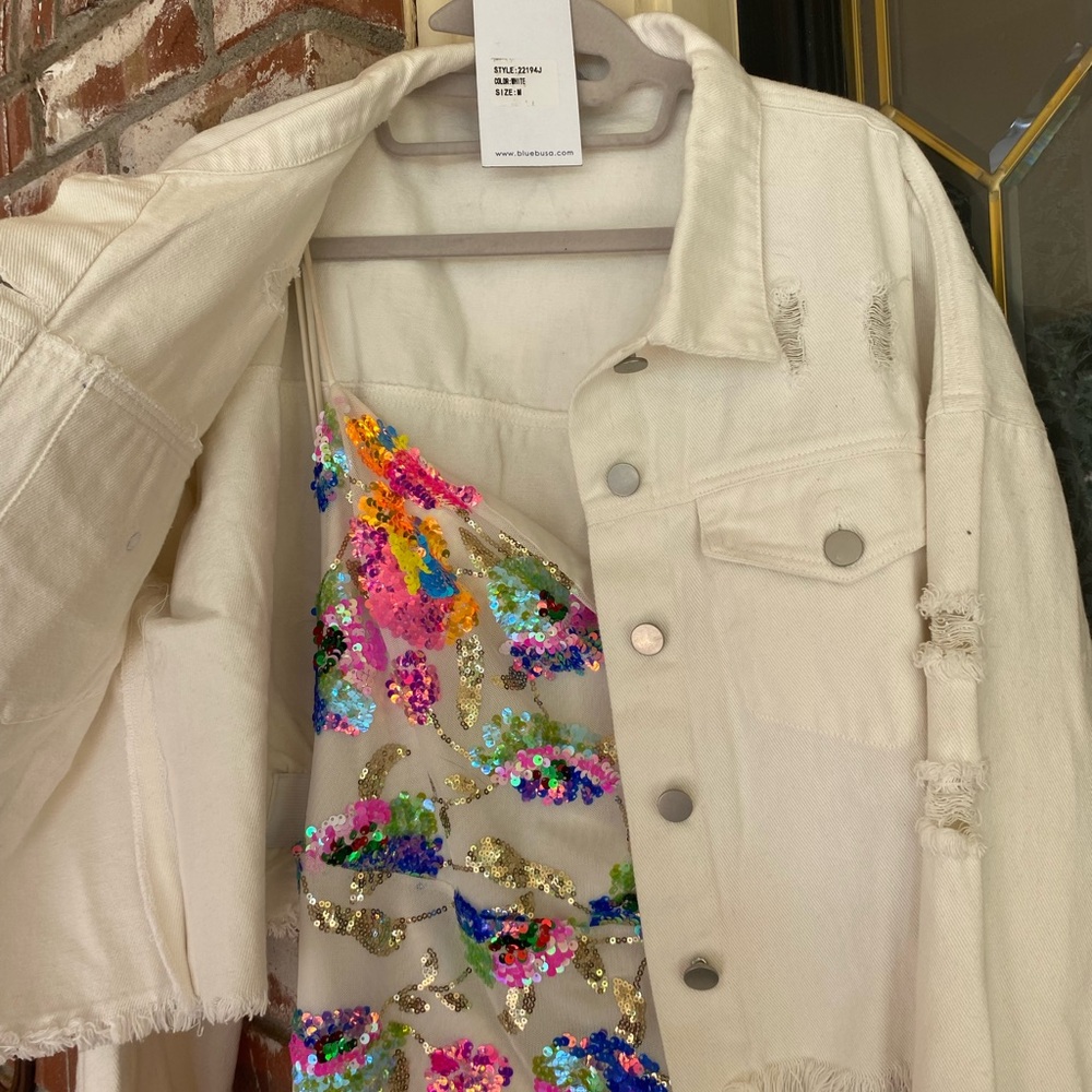 Star Rhinestone Fringe Denim Jacket - White side M - Picture 4 of 10